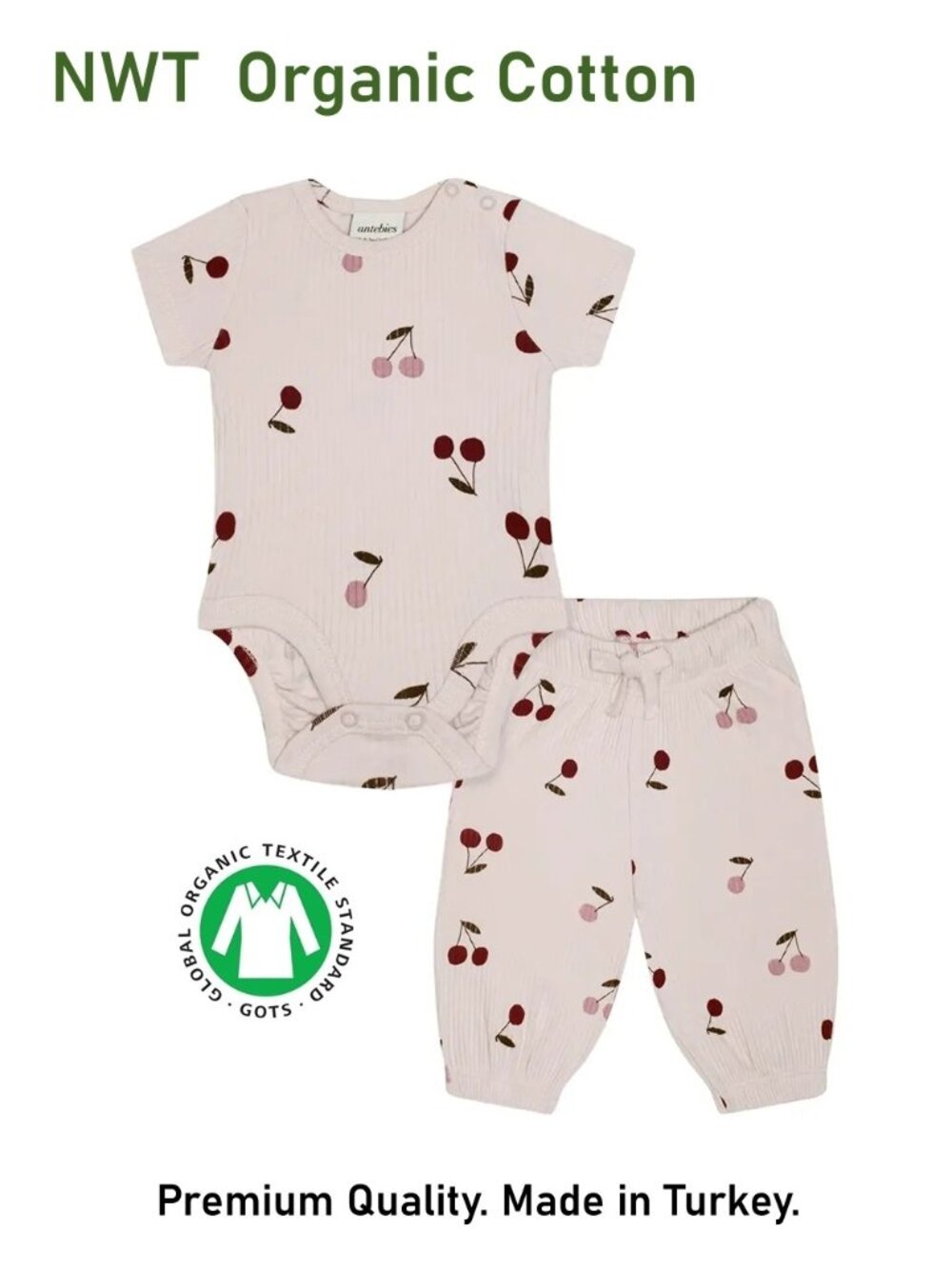 ANTEBIES Cherry Blush Short-Sleeve Bodysuit & Pants Set size 0-3M